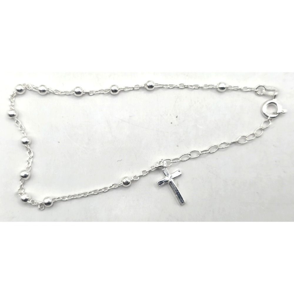 Rosary Bracelet Round Beads Sterling Silver Size 7-8.25" Handmade Adjustable NEW